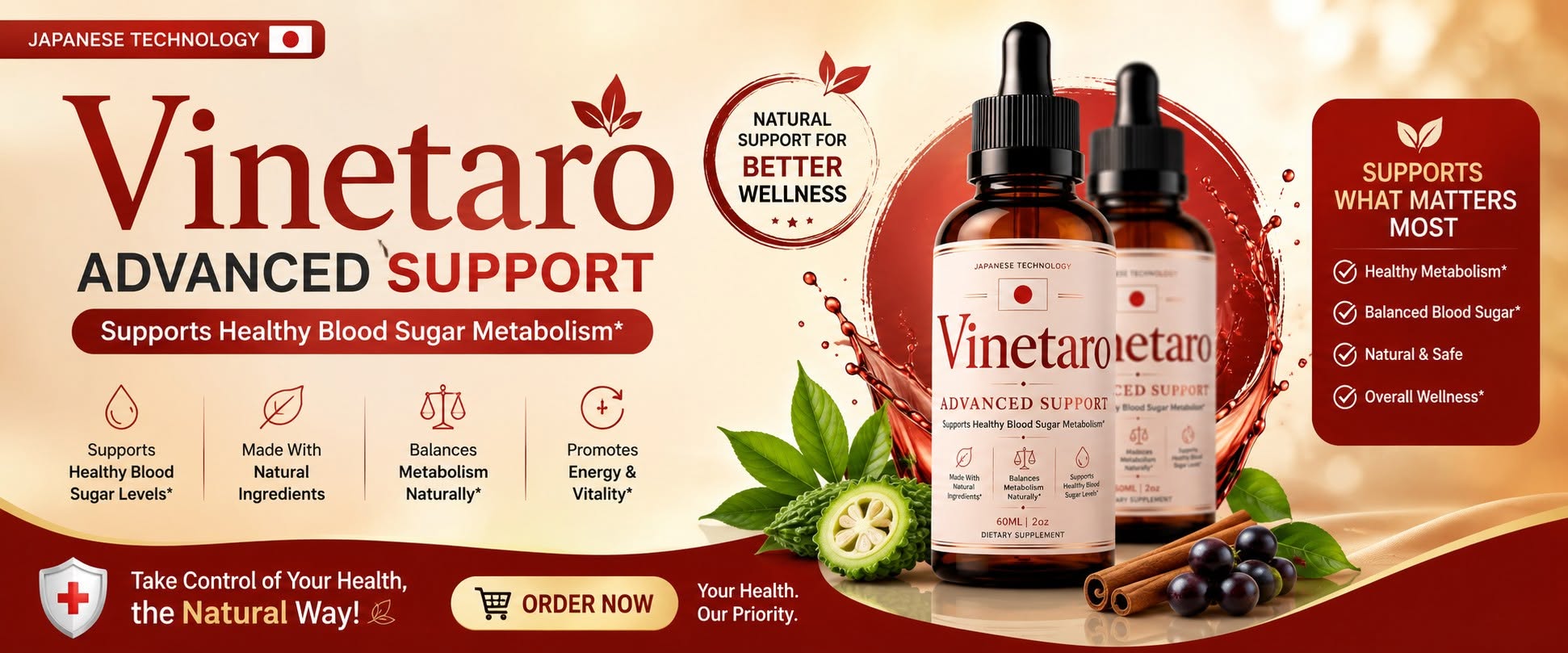Vinetaro Advanced Support banner showing the supplement bottles, natural ingredients and product highlights