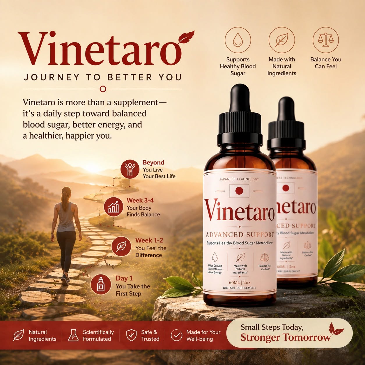 Vinetaro journey graphic showing a daily routine timeline from day one through week four alongside the product bottles