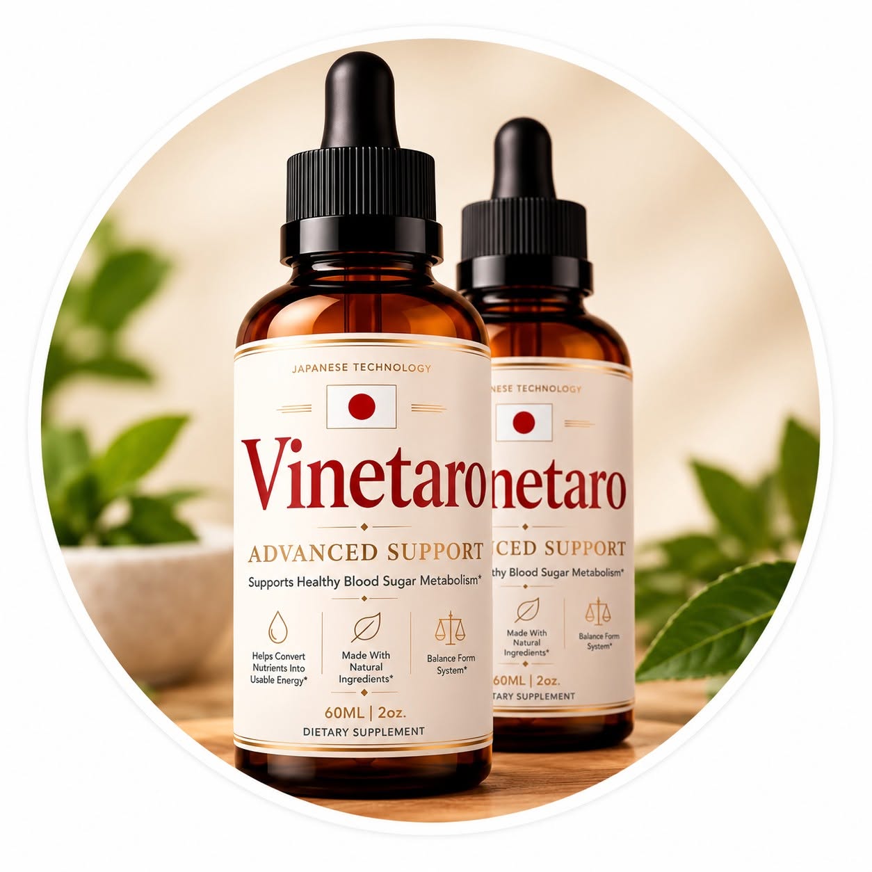 Two Vinetaro Advanced Support 60ml dropper bottles on a wooden surface beside green leaves