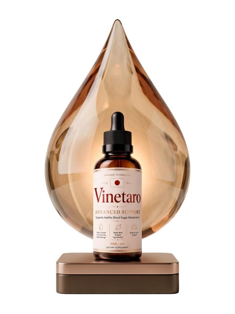 Vinetaro Advanced Support dropper bottle, 60ml dietary supplement, displayed inside a golden droplet on a pedestal